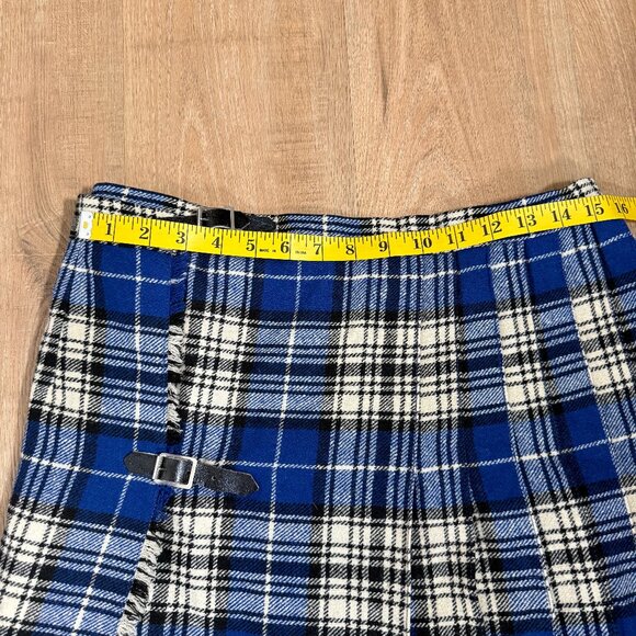 Vintage 100% Wool Blue Plaid Pleated Maxi Wrap Skirt Academia M - Picture 7 of 8